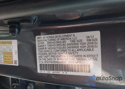 2022 Honda Pilot Awd Touring 8 Passenger из США, поврежденный, VIN 5FNYF6H92NB004535